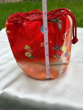 Red Floral Satin/silk Drawstring Pouch from Japan NWOT